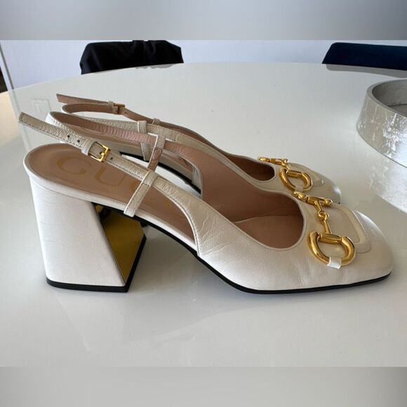 GUCCI Baby Horsebit Slingback Block Heel Pump White Ivory Size EU 40.5 US 10.5 - Picture 6 of 8